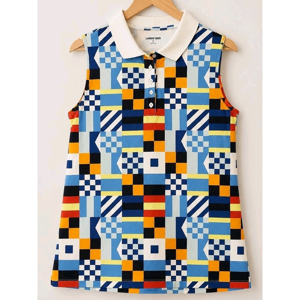 Lands' End Size Small Sleeveless Polo Shirt Blue Geometric Flag Golf Coastal